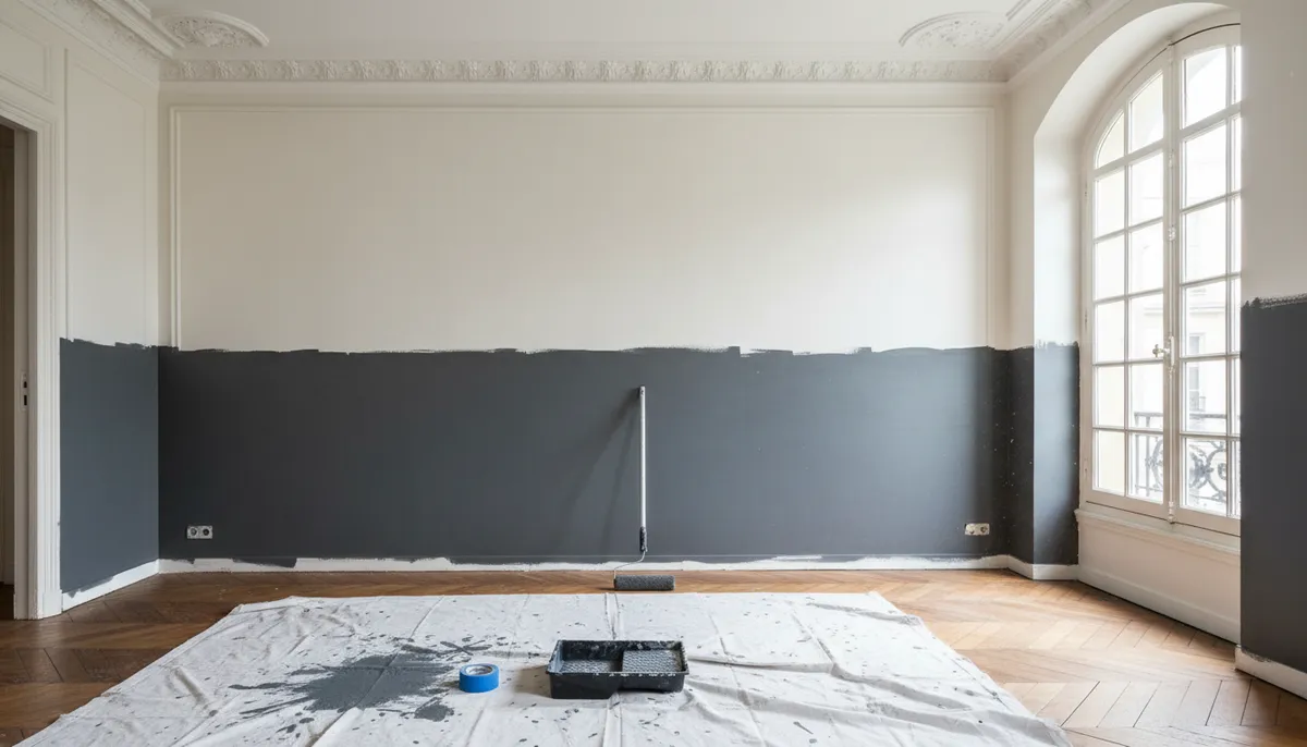 Un mur en cours de peinture dans un salon français, des taches sur le parquet et du matériel de protection au sol.