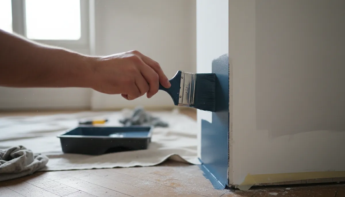 Gros plan sur une main peignant un mur bleu foncé dans un angle avec un pinceau, laissant une bande de peinture fraîche.