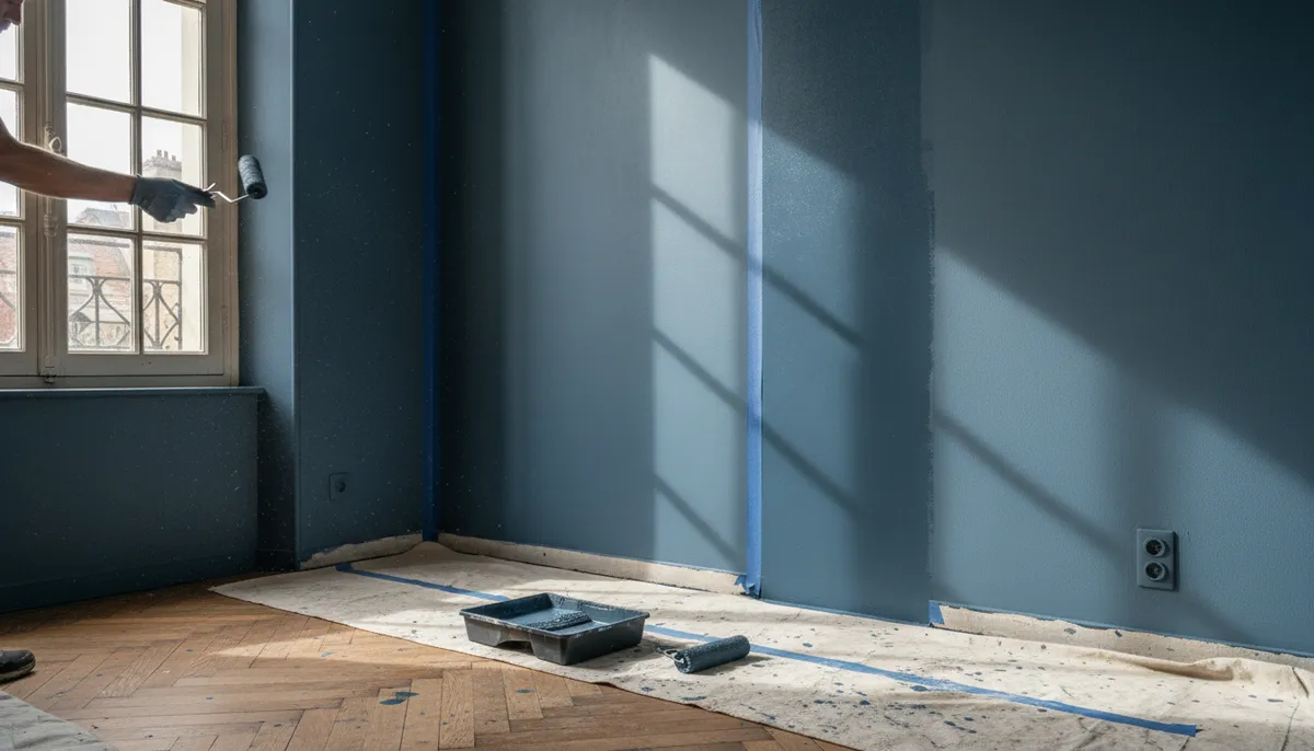 Des mains appliquent une peinture bleu ardoise foncée sur un mur avec un rouleau, la bordure fraîche visible à côté d'une bande déjà peinte.