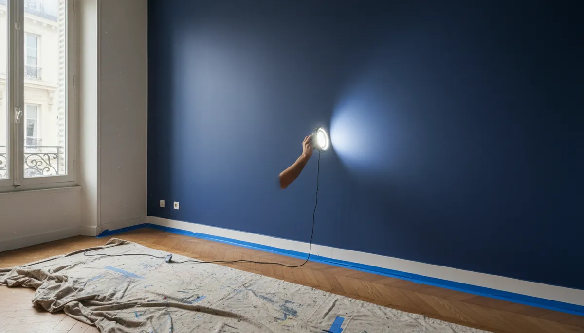Une main tient une lampe de chantier à plat contre un mur foncé fraîchement peint pour vérifier l'absence de traces de rouleau.