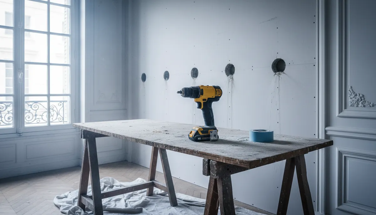 Une perceuse sans fil est posée sur un établi en bois, devant un mur en placo blanc avec des trous fraîchement percés.
