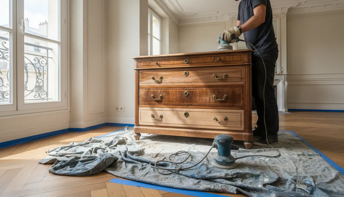 Une commode ancienne en placage poncée avec soin, dans un intérieur haussmannien en pleine rénovation.