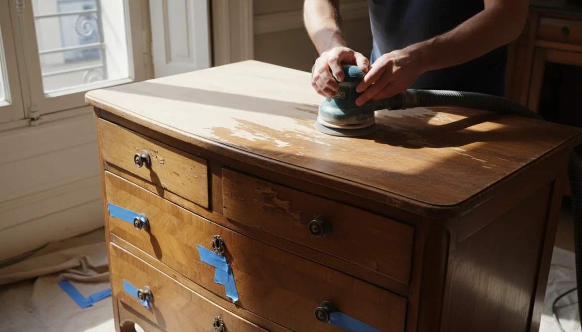 Une ponceuse excentrique appliquée sur le plateau d'une commode plaquée, avec une partie décapée et l'autre vernie.
