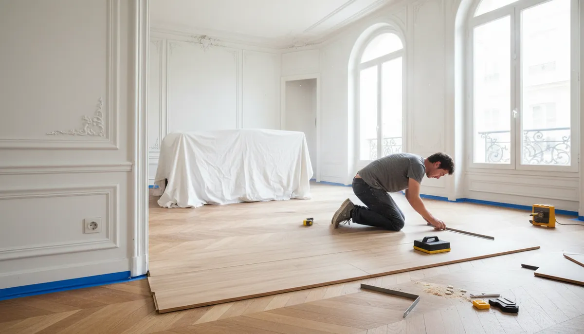 Un homme pose un parquet flottant stratifié clair dans un salon haussmannien ensoleillé, avec des outils de pose et des chutes.