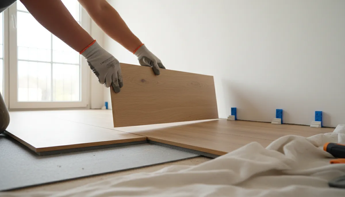 Gros plan sur des mains posant une lame de parquet flottant en chêne clair, cales d'espacement contre le mur blanc.