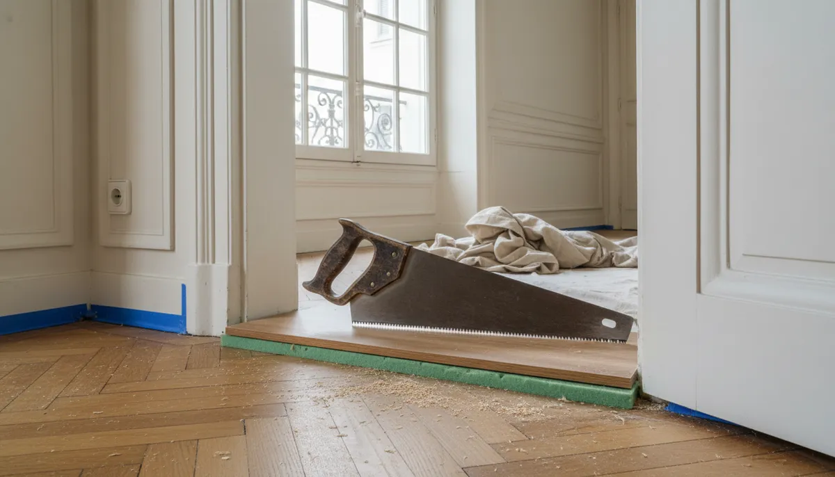 Gros plan sur une main qui scie le bas d'un cadre de porte blanc avec une scie à main, guidée par une lame de parquet.